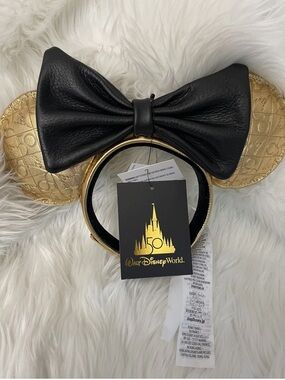 Disney Parks 50th Anniversary Luxe Minnie Ears 24K Gold Plated Genuine Leather